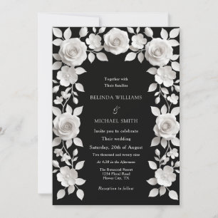 Black And White Faux Relief Roses Frame Wedding Invitation