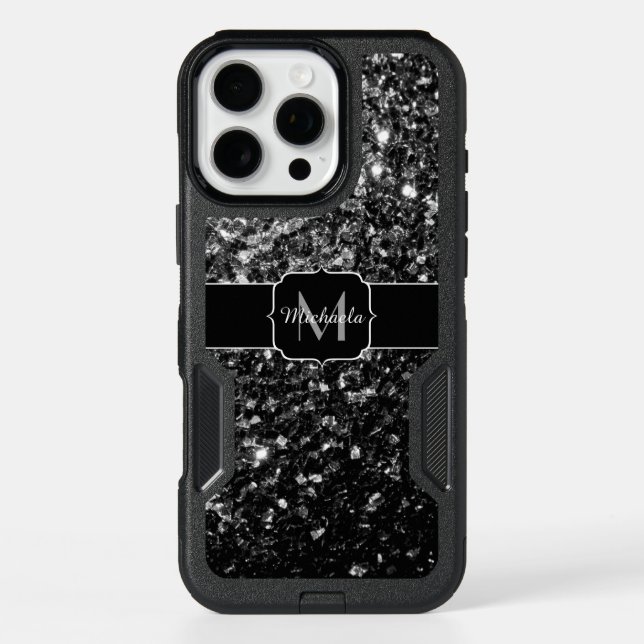 Black and White faux sparkles bling Monogram Otterbox iPhone Case (Back)