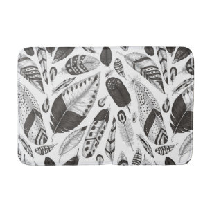 Black and white feathers pattern bath mat