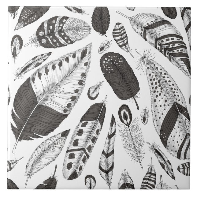 Black and white feathers pattern ceramic tile (Front)