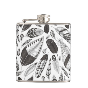 Black and white feathers pattern flask