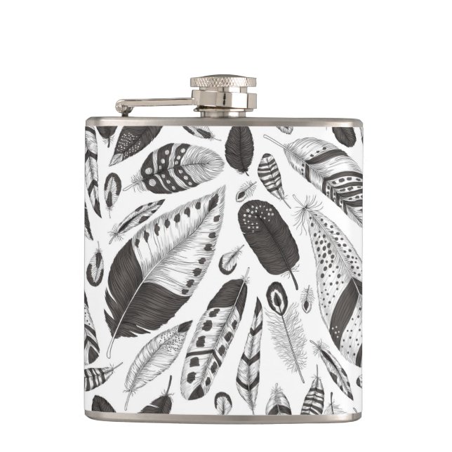 Black and white feathers pattern flask (Front)