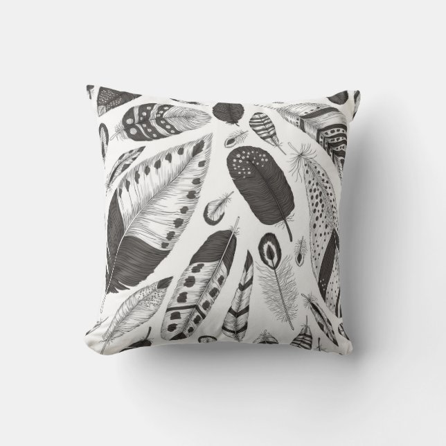 Black and white feathers pattern throw pillow (Front)