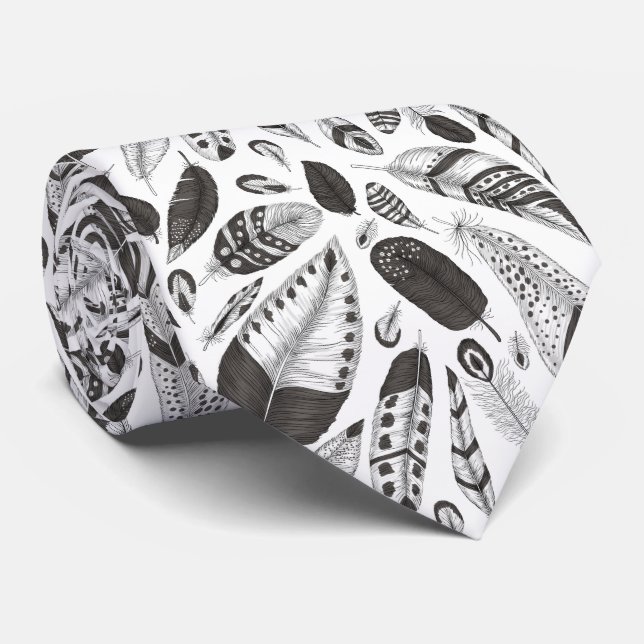 Black and white feathers pattern tie (Rolled)