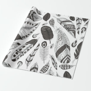 Black and white feathers pattern wrapping paper