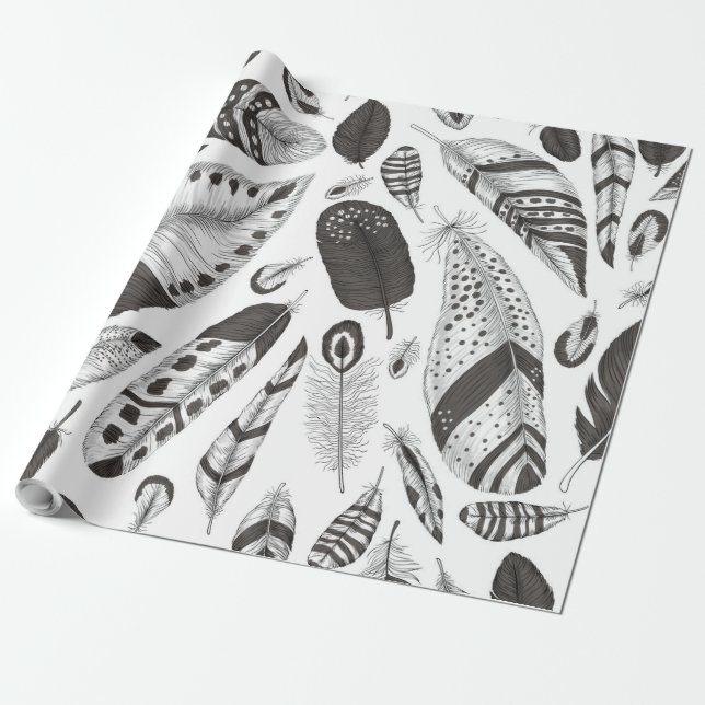 Black and white feathers pattern wrapping paper (Unrolled)