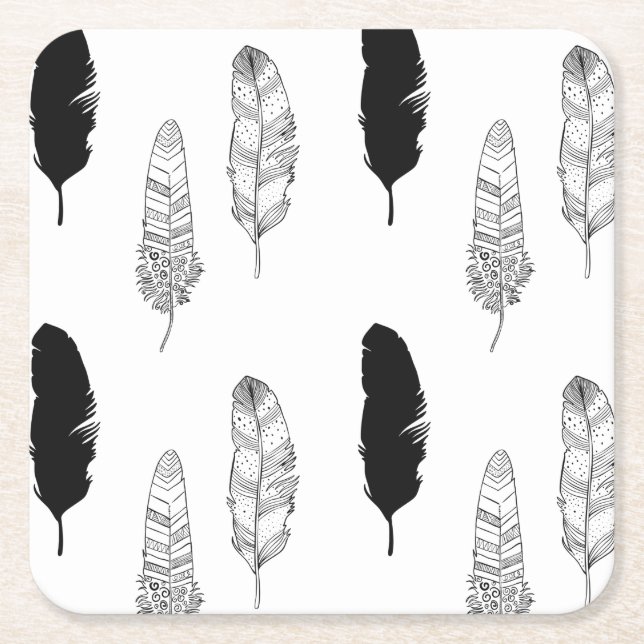 Black and White Feathers Square Paper Coaster (Front)