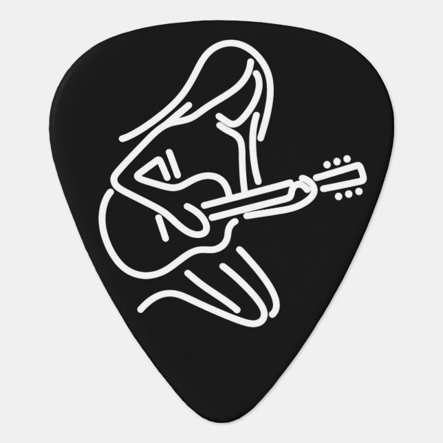 Black and White Female Guitar Stick Figure Playing Guitar Pick (Front)