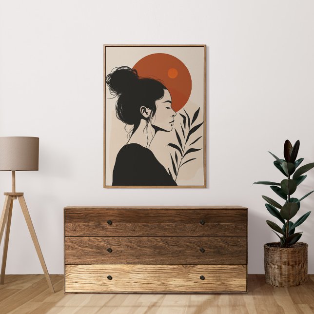 Black and White Female Portrait Red Sun Poster (Black and White Female Portrait Red Sun Poster in a neutral boho living room.)