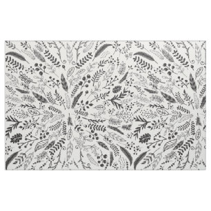 Black and White Ferns, Feathers, Berries and Twigs Fabric