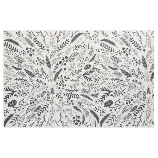 Black and White Ferns, Feathers, Berries and Twigs Fabric