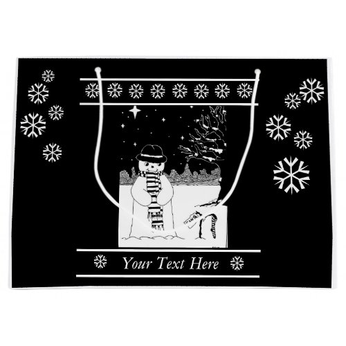 black and white festive design of cute snowman large gift bag