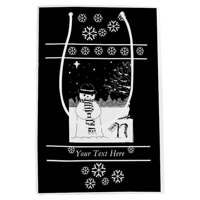black and white festive design of cute snowman medium gift bag (Front)
