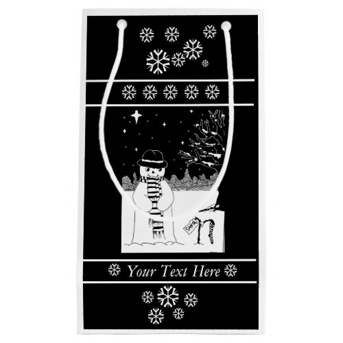 black and white festive design of cute snowman small gift bag