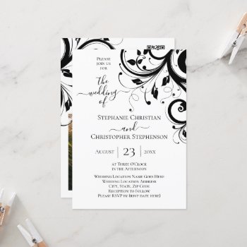 Black And White Festive Swirl Photo And Qr Code Invitation by CustomInvites at Zazzle