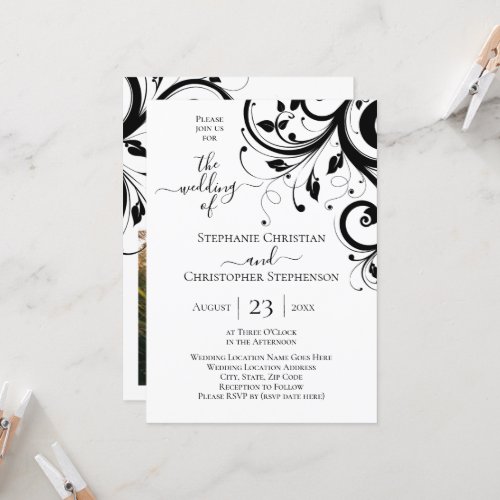 Black and White Festive Swirl Photo on Back Invitation