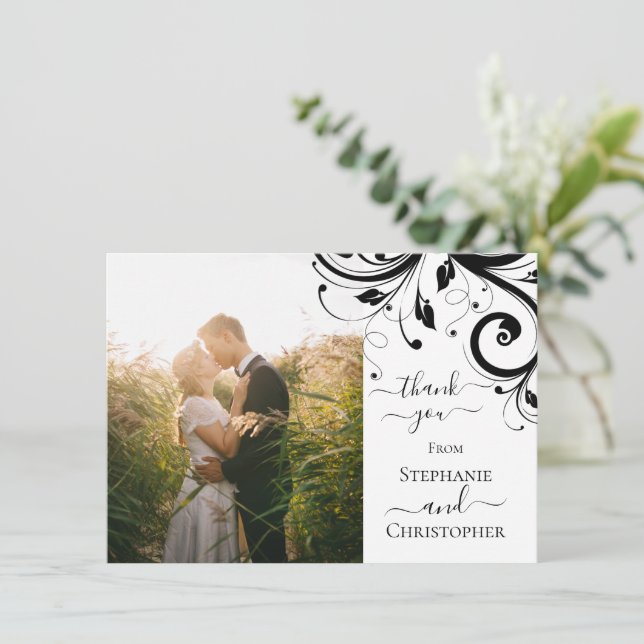 Black and White Festive Swirl Photo Thank You Card (Standing Front)