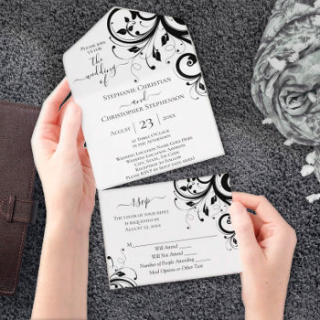 Black And White Festive Swirl Script All In One In All In One Invitation by CustomInvites at Zazzle