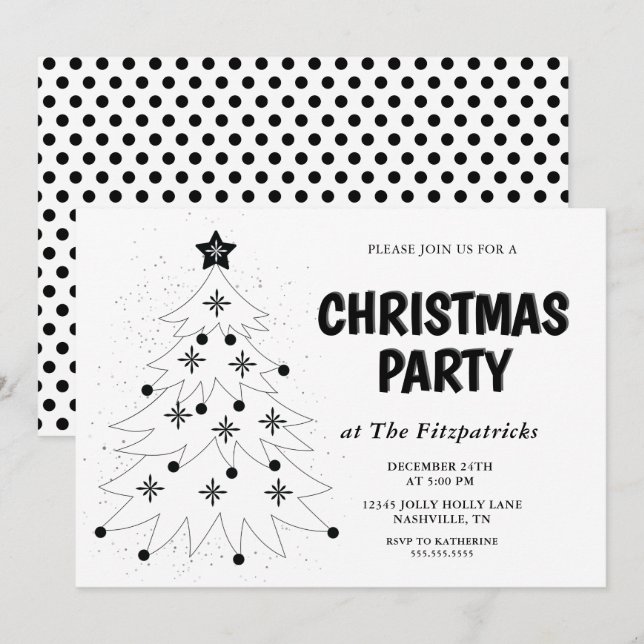 Black and White Festive Tree Christmas Party Invitation (Front/Back)