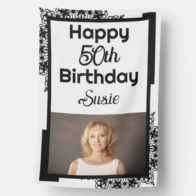 Black and White Fifth Birthday House Flag (Front)