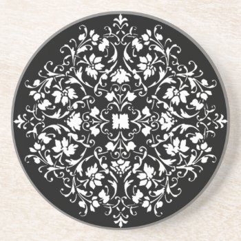 Black And White Filigree Damask Sandstone Coaster by Cardgallery at Zazzle