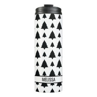 Black And White Fir Christmas Tree Pattern &amp; Name Thermal Tumbler