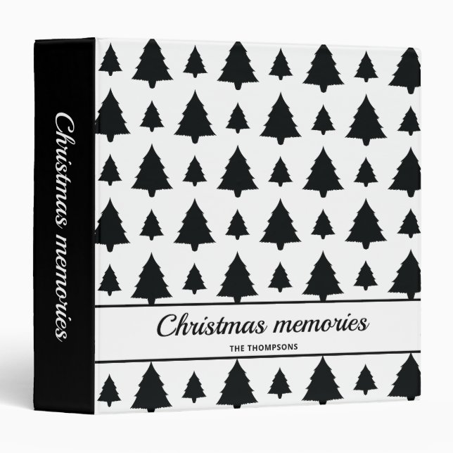 Black And White Fir Christmas Tree Pattern & Text 3 Ring Binder (Front/Spine)