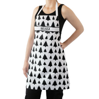 Black And White Fir Christmas Tree Pattern &amp; Text Apron