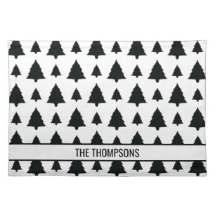 Black And White Fir Christmas Tree Pattern & Text Cloth Placemat