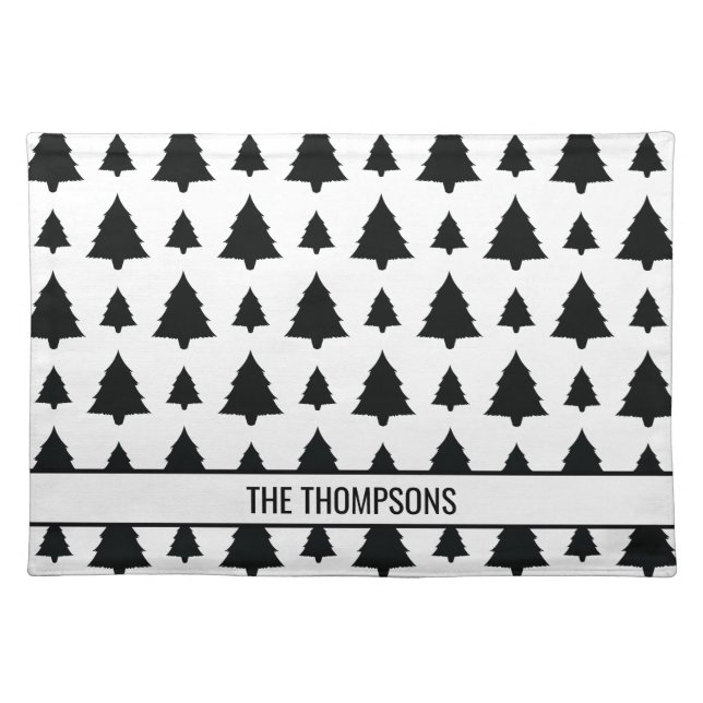 Black And White Fir Christmas Tree Pattern & Text Cloth Placemat (Front)