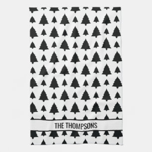 Black And White Fir Christmas Tree Pattern & Text Kitchen Towel