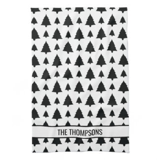 Black And White Fir Christmas Tree Pattern &amp; Text Kitchen Towel