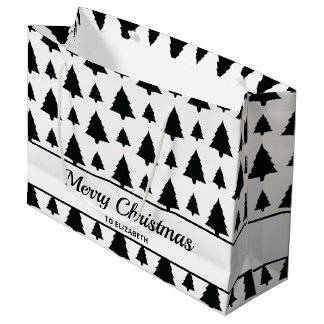 Black And White Fir Christmas Tree Pattern &amp; Text Large Gift Bag