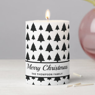 Black And White Fir Christmas Tree Pattern & Text Pillar Candle