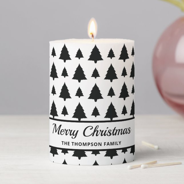 Black And White Fir Christmas Tree Pattern & Text Pillar Candle (In Situ)