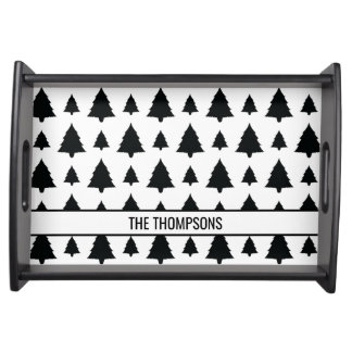 Black And White Fir Christmas Tree Pattern &amp; Text Serving Tray