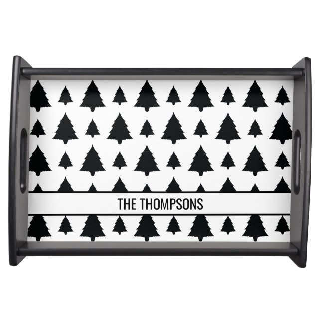Black And White Fir Christmas Tree Pattern & Text Serving Tray (Front)