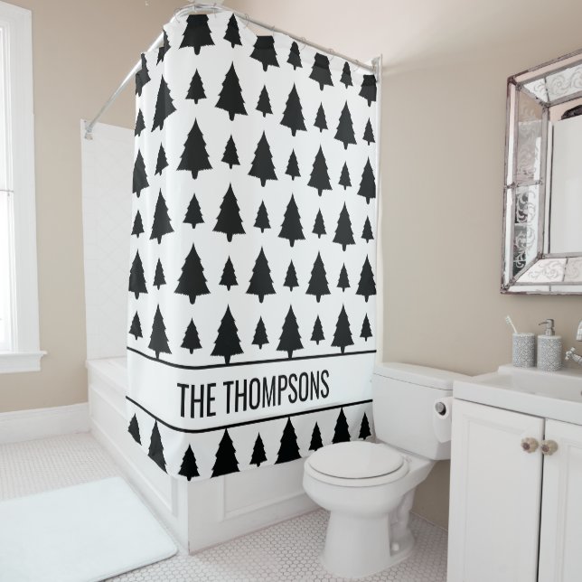 Black And White Fir Christmas Tree Pattern & Text Shower Curtain (In Situ)