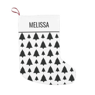 Black And White Fir Christmas Tree Pattern &amp; Text Small Christmas Stocking