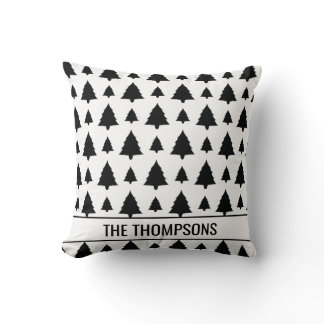 Black And White Fir Christmas Tree Pattern &amp; Text Throw Pillow