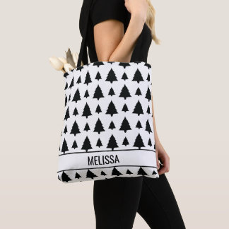Black And White Fir Christmas Tree Pattern &amp; Text Tote Bag