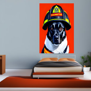 Black and white firefighter dog   AI Art  Poster