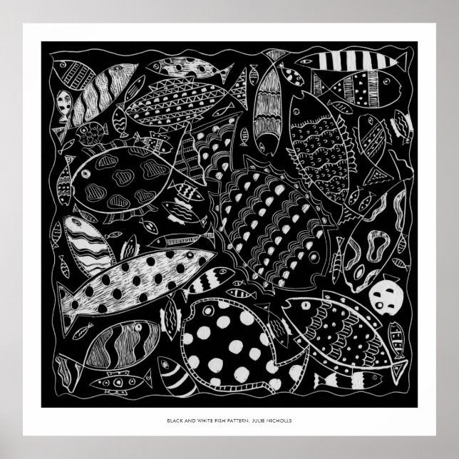 Black And White Fish Pattern Modern Art Print (Front)