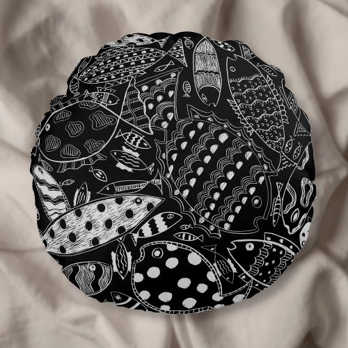 Black And White Fish Pattern Modern Art Round Pillow