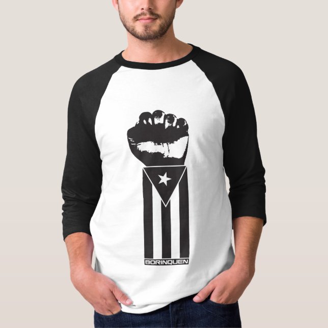 Black and White Fist of "Borinquen" T-Shirt (Front)