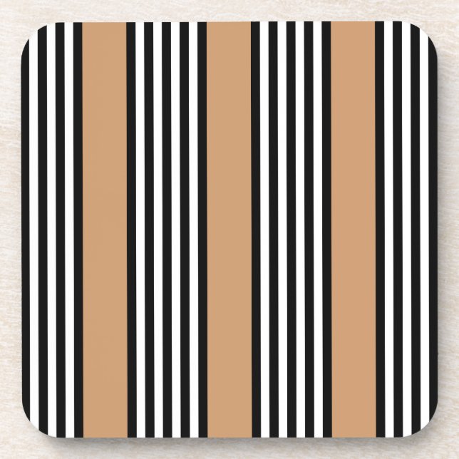 Black and white five stripe pattern with tan beverage coaster (Front)
