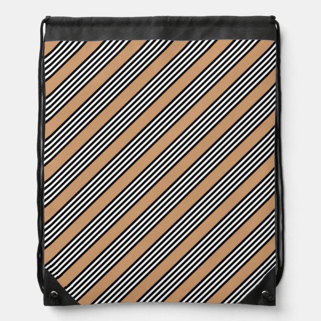 Black and white five stripe pattern with tan drawstring bag (Front)