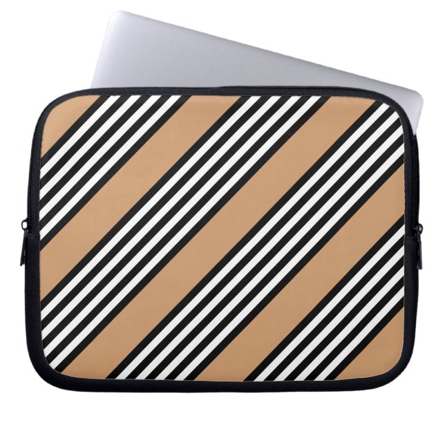 Black and white five stripe pattern with tan laptop sleeve (Front)