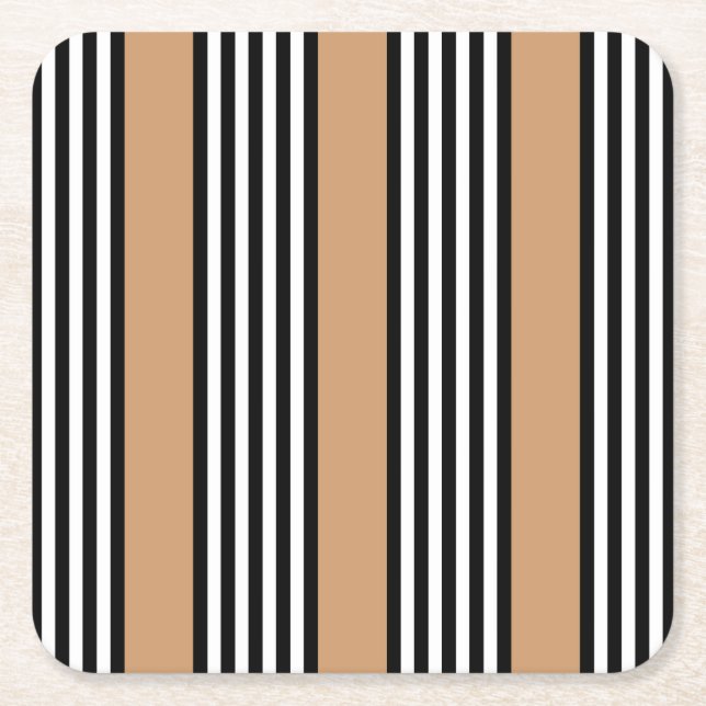 Black and white five stripe pattern with tan square paper coaster (Front)