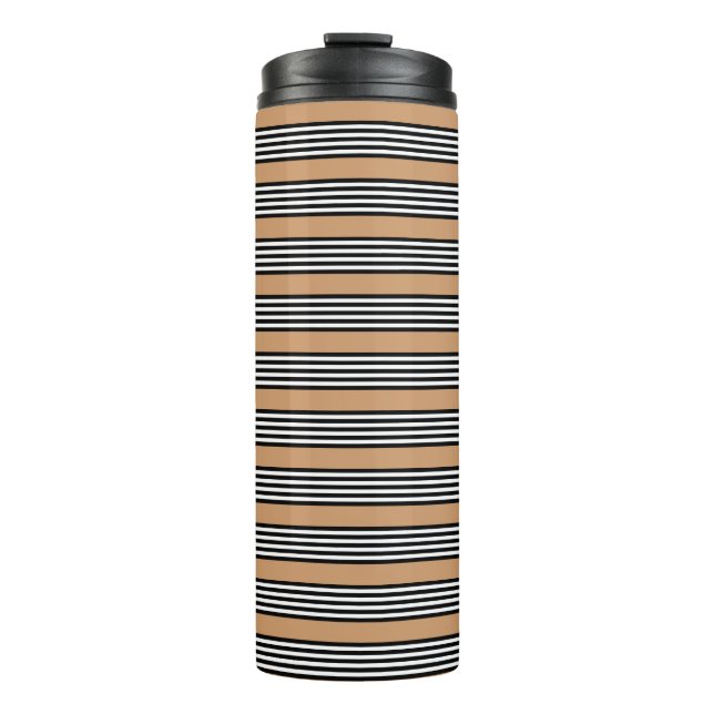 Black and white five stripe pattern with tan thermal tumbler (Front)